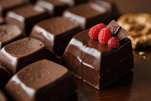 кусочек шоколада с малиной и кусочок шоколада на столе
