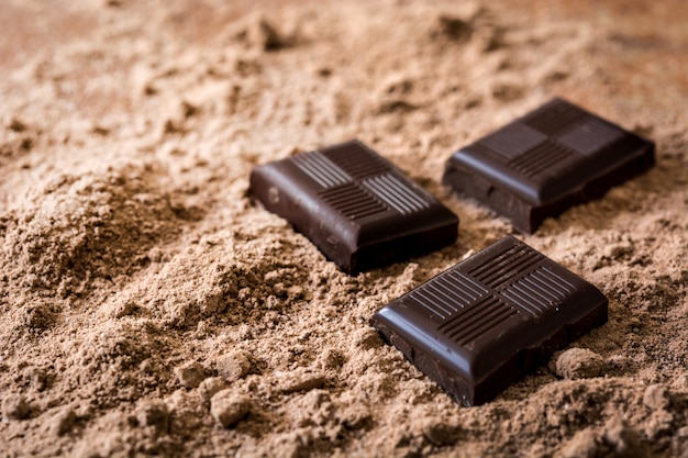 Chocolate pieces on chocolate powder 