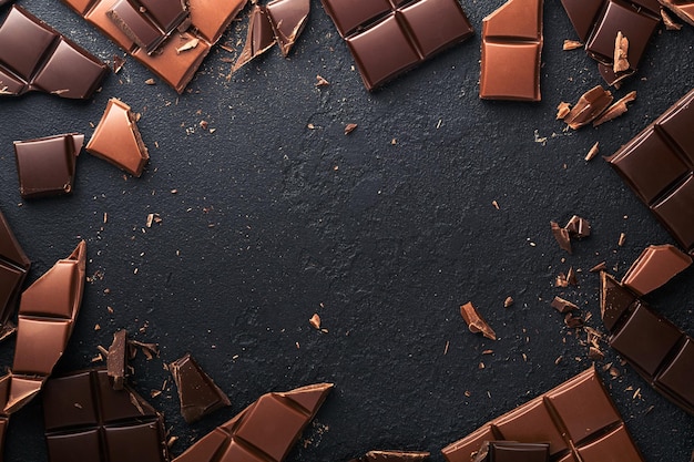 Chocolate pieces composition of bars and pieces of different
milk and dark chocolate grated and bean cocoa on black background
baking chocolate texturetop view with copy space mock up