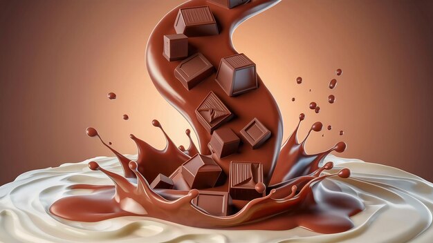 Chocolate pieces falling on chocolate sauce and milk cream splash 3d illustration