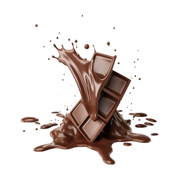 chocolate pieces falling on chocolate sauce with isolated on a white background