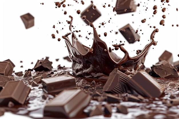 Chocolate pieces falling into chocolate sauce transparent background