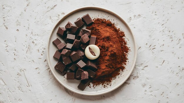 Photo chocolate pieces versus cocoa powder on plate over white textured background