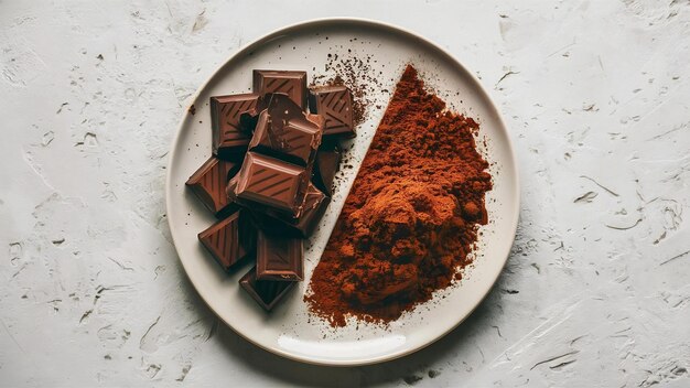 Photo chocolate pieces versus cocoa powder on plate over white textured background