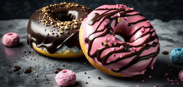 Chocolate and pink frosted doughnuts on a marble slab