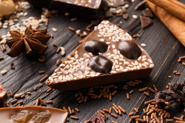 Chocolate pizza isolated on wooden background