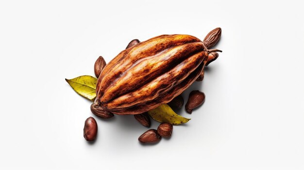 A chocolate pod with leaves on it and the word chocolate on the top.