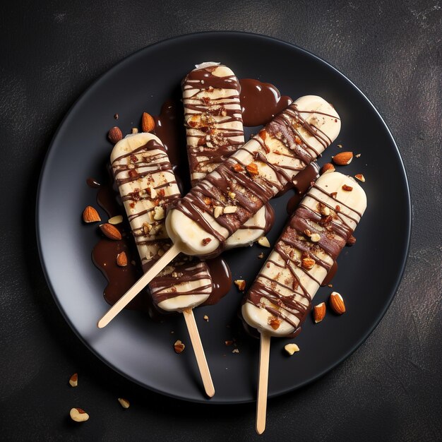 Chocolate popsicle on a stick in a plate dipped in dark chocolate and nuts Dessert closeup