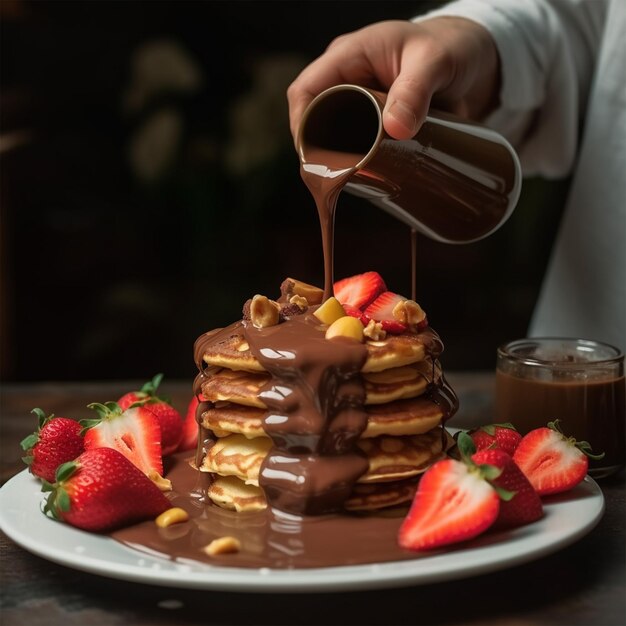 Chocolate Pouring Pancakes With Banana Strawberry And Nuts