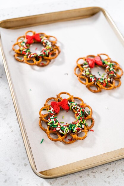 Chocolate pretzel christmas wreath