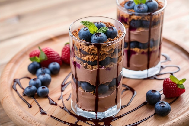 Chocolate pudding parfait mud pie with cookie crumbs and blueberry