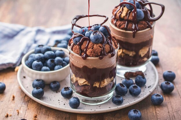 Chocolate pudding parfait mud pie with cookie crumbs and blueberry
