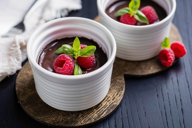 Photo chocolate pudding with raspberries and basil baked in ramekins