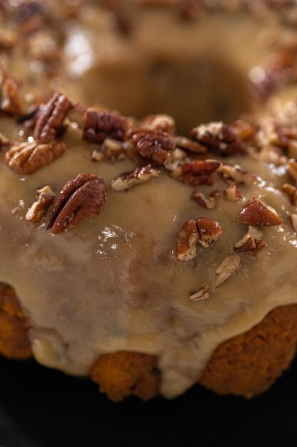 Chocolate pumpkin bundt cake with toffee glaze