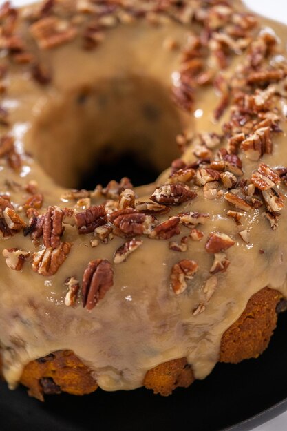 Chocolate pumpkin bundt cake with toffee glaze