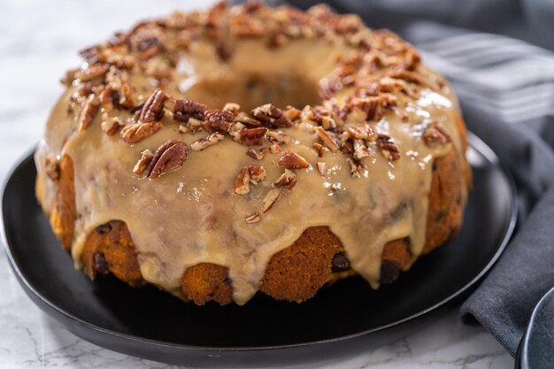 Chocolate pumpkin bundt cake with toffee glaze