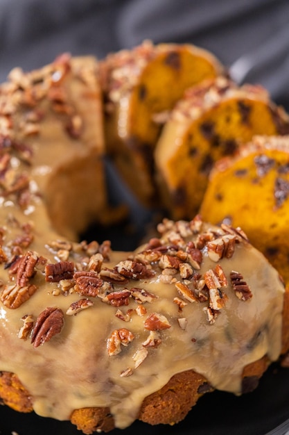 Chocolate pumpkin bundt cake with toffee glaze