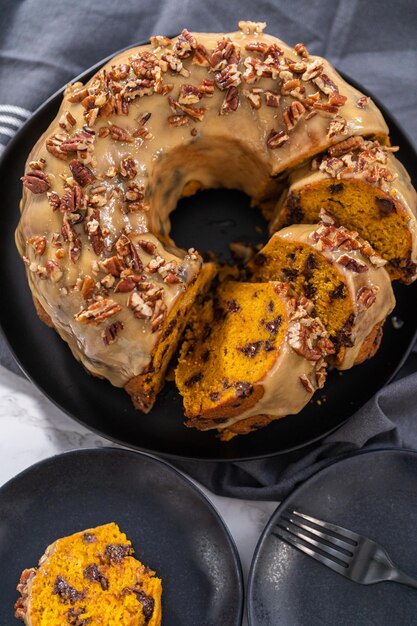 chocolate pumpkin bundt cake with toffee glaze