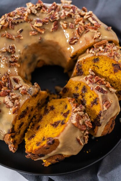 chocolate pumpkin bundt cake with toffee glaze