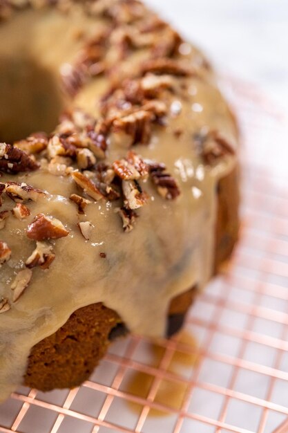 Chocolate pumpkin bundt cake with toffee glaze