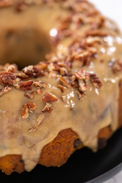 Chocolate pumpkin bundt cake with toffee glaze