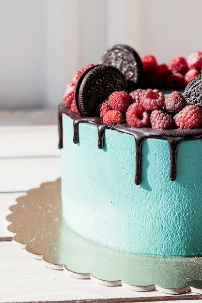 Chocolate raspberry cake inside cutaway filling macro shot 