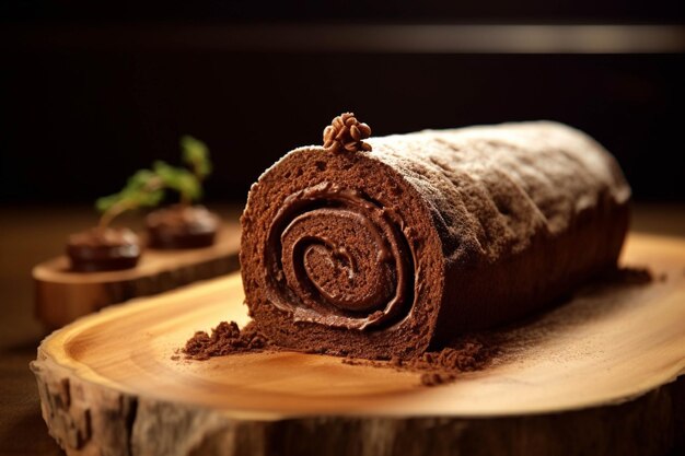 Chocolate roll cake on a wooden background Chocolate roll cake