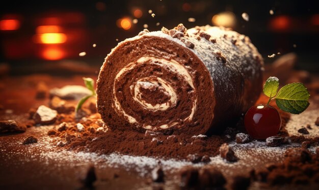 Foto roulade al cioccolato con crema dulce de leche e salsa al cioccolato tradizionale sul tavolo