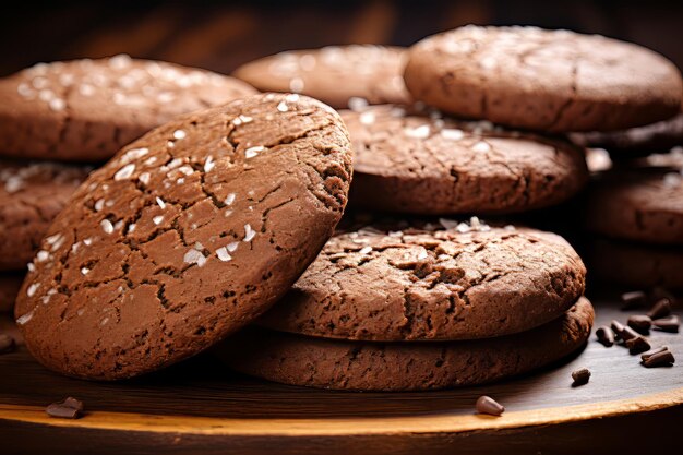 Chocolate round cookies on a wooden background