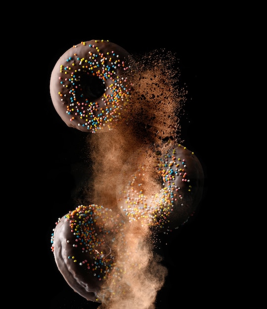 여러 가지 빛깔의 설탕 뿌리가 있는 초콜릿 둥근 도넛은 검정색 배경에 갈색 코코아 구름에 떠 있습니다. 가루가 날다