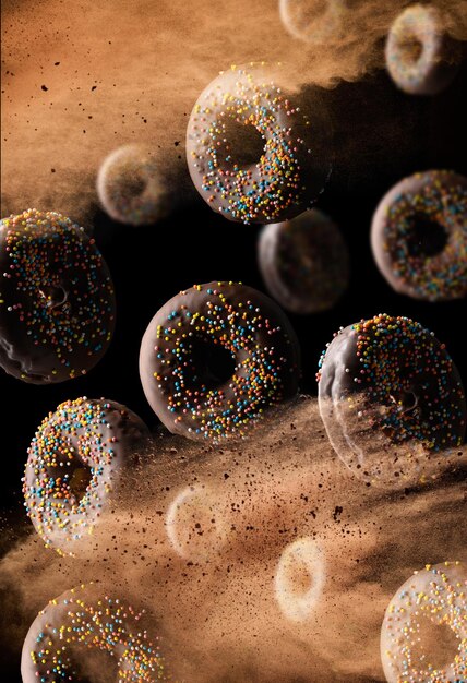 Chocolate round donuts with multicolored sugar sprinkles