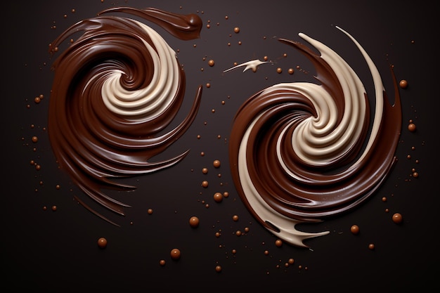 Chocolate round swirl splash and drops isolated on background