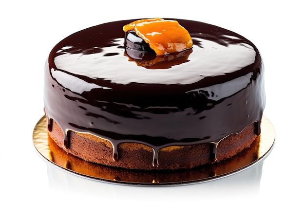 Chocolate Sacher cake with apricot jam on white background Traditional Austrian dessert Ai generative