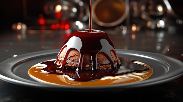 a chocolate sauce being poured onto a dessert