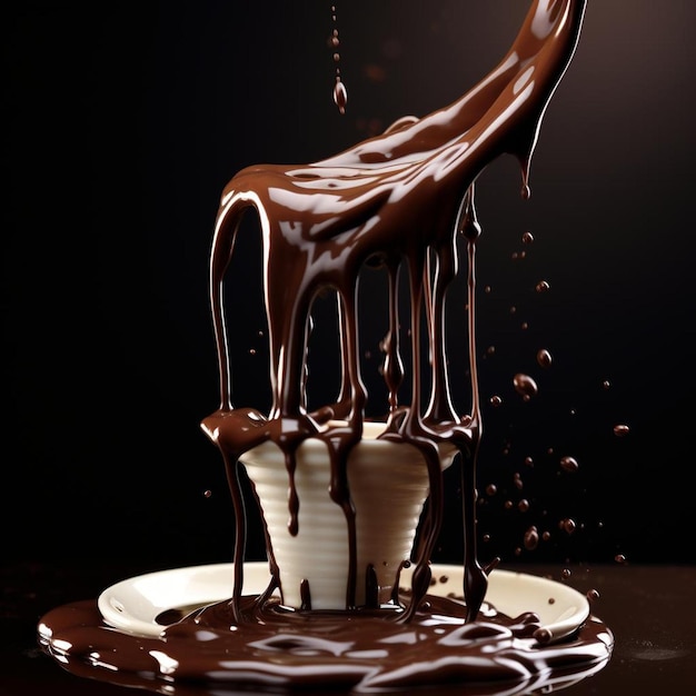 a chocolate sauce being poured on top of a banana