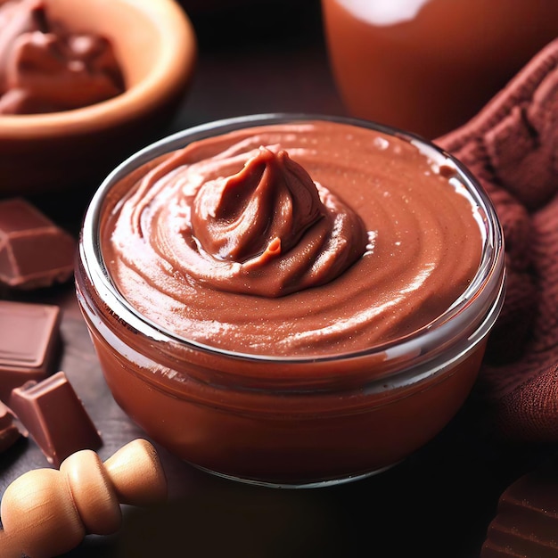Foto salsa al cioccolato in una ciotola di vetro con barrette di cioccolato sul lato.