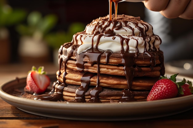 Chocolate sauce over a stack of fluffy pancakes garnished with a dollop of whipped cream