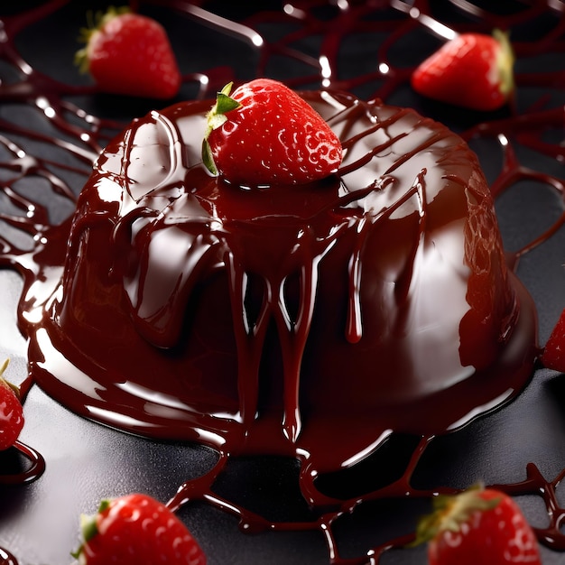 A chocolate sauce with a strawberry on it