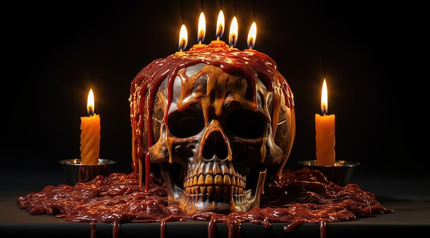 chocolate skull cake with candles in the style of light red and dark amber