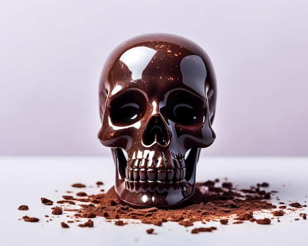 Chocolate skull shaped dessert on a white background Generative AI