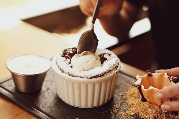 Chocolate souffle on the table