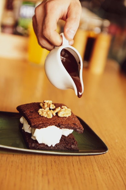 Chocolate souffle on the table