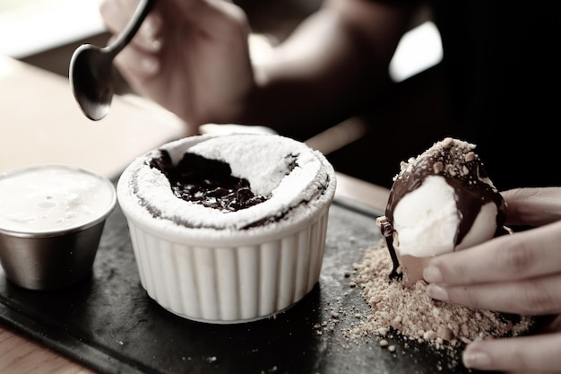 Chocolate Souffle with ice cream