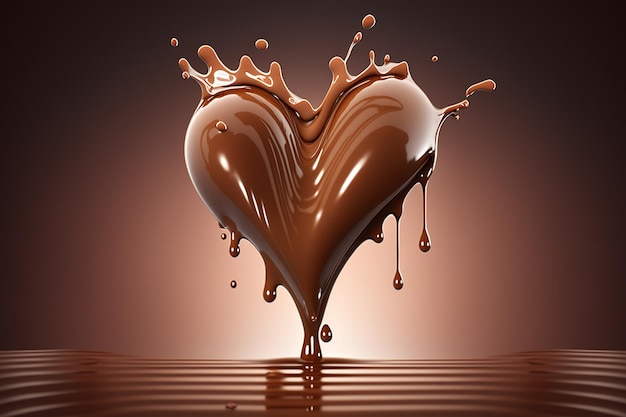 심장 모양의 초콜릿 스플래시, 갈색 배경에 고립 된 초콜릿의 사랑