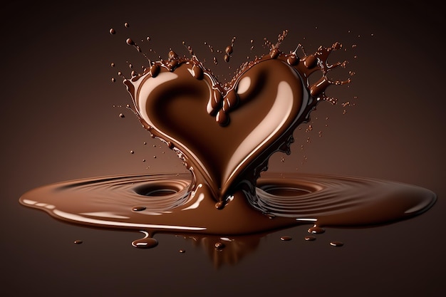 chocolate splash in shape of heart, love of chocolate isolated on brown background