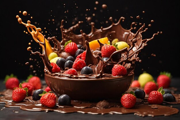 Chocolate splash with fruits and berries on black background closeup