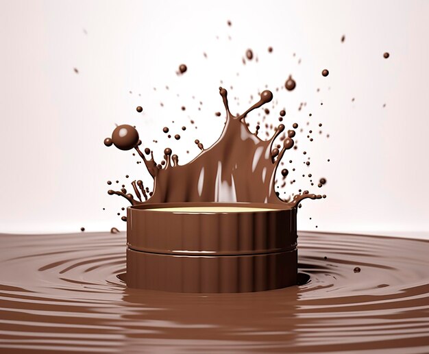 Photo chocolate splash with a podium mockup background for milk product display 3d generative ai