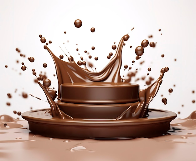 Chocolate splash with a podium mockup background for milk product display 3d Generative AI