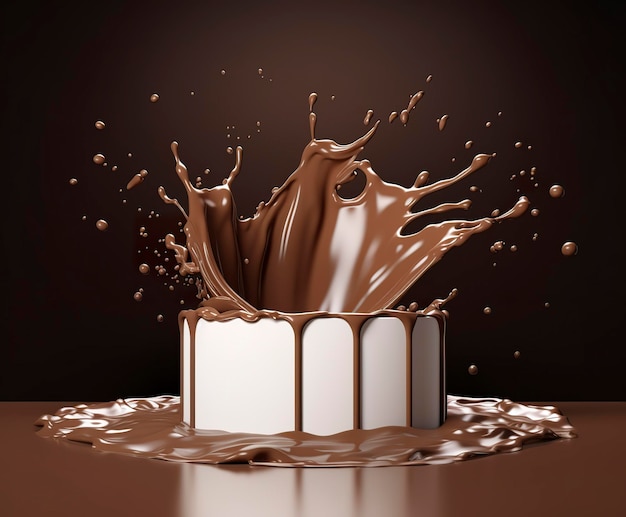 Chocolate splash with a podium mockup background for milk product display 3d Generative AI