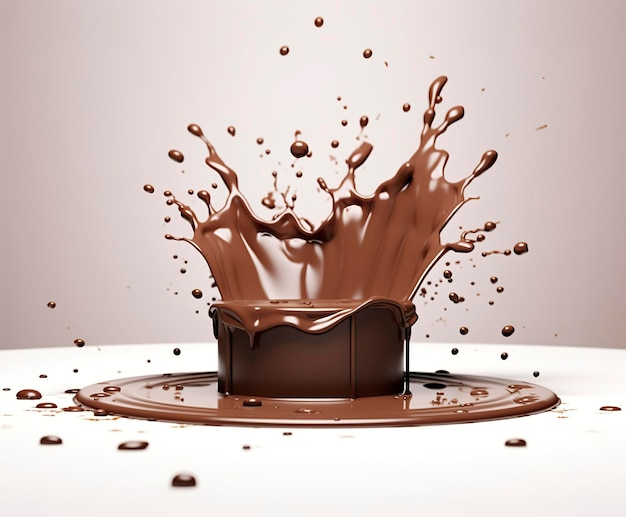 チョコレート・スプラッシュ - 乳製品ディスプレイのためのポディウムモックアップの背景 - 3DジェネレーティブAI